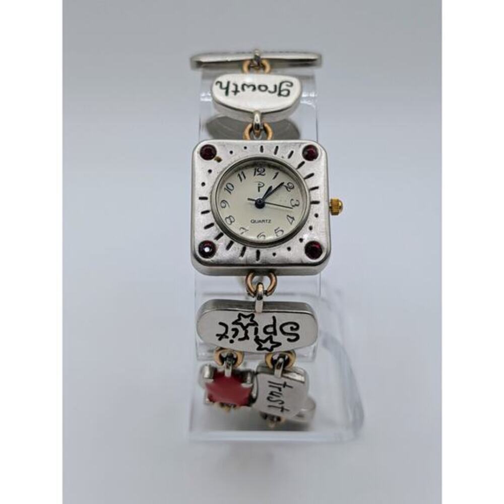 Vintage Silver‎ Tone Charm Watch Square Face Red Crystal Accents Working